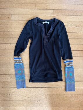 Free People Black Henley Top with Patterned Blue and Tan Cuffs